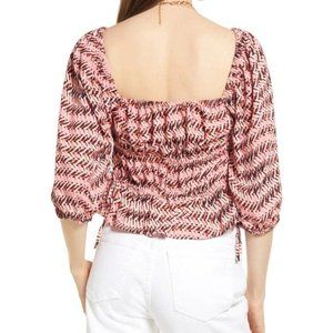 OPEN EDIT Women Shirring Detail Square Neck Top Size XS Pink Peony.Wave Geo 0095